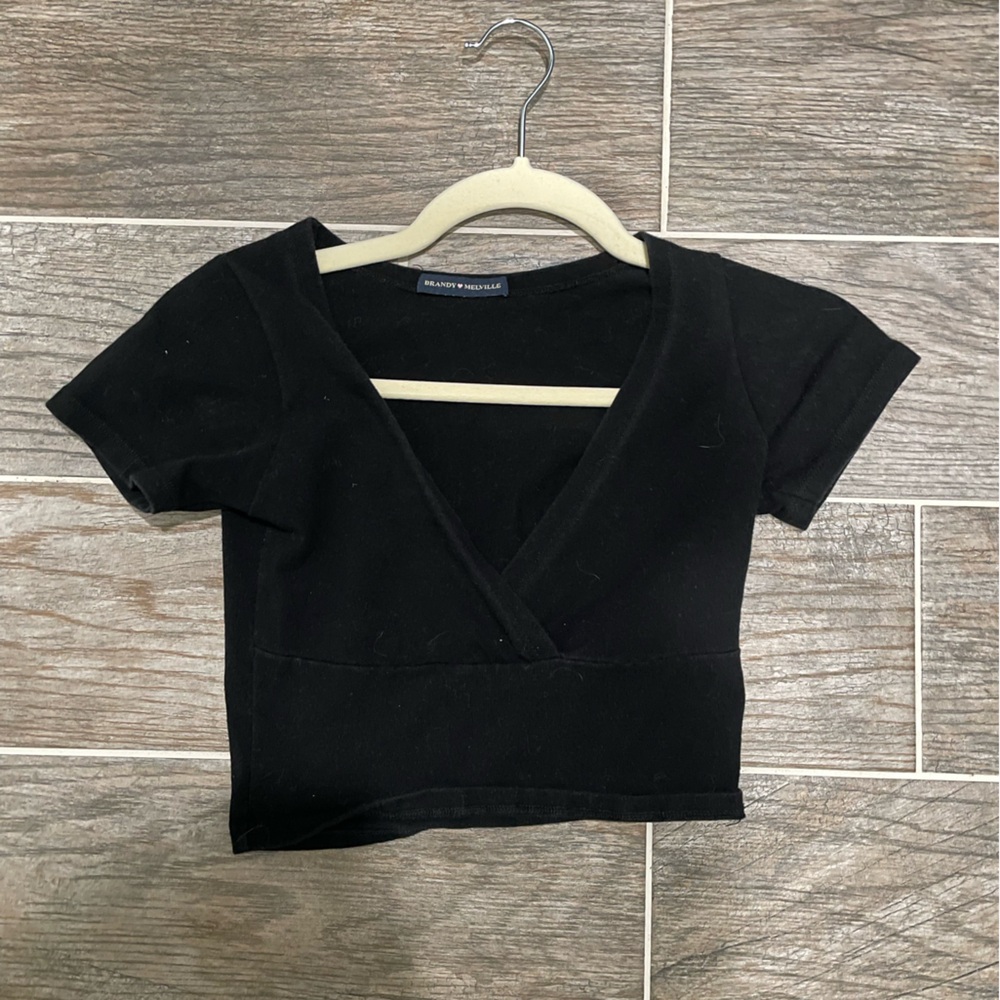 Brandy Melville Black V-Neck Short Sleeve Knit Top
